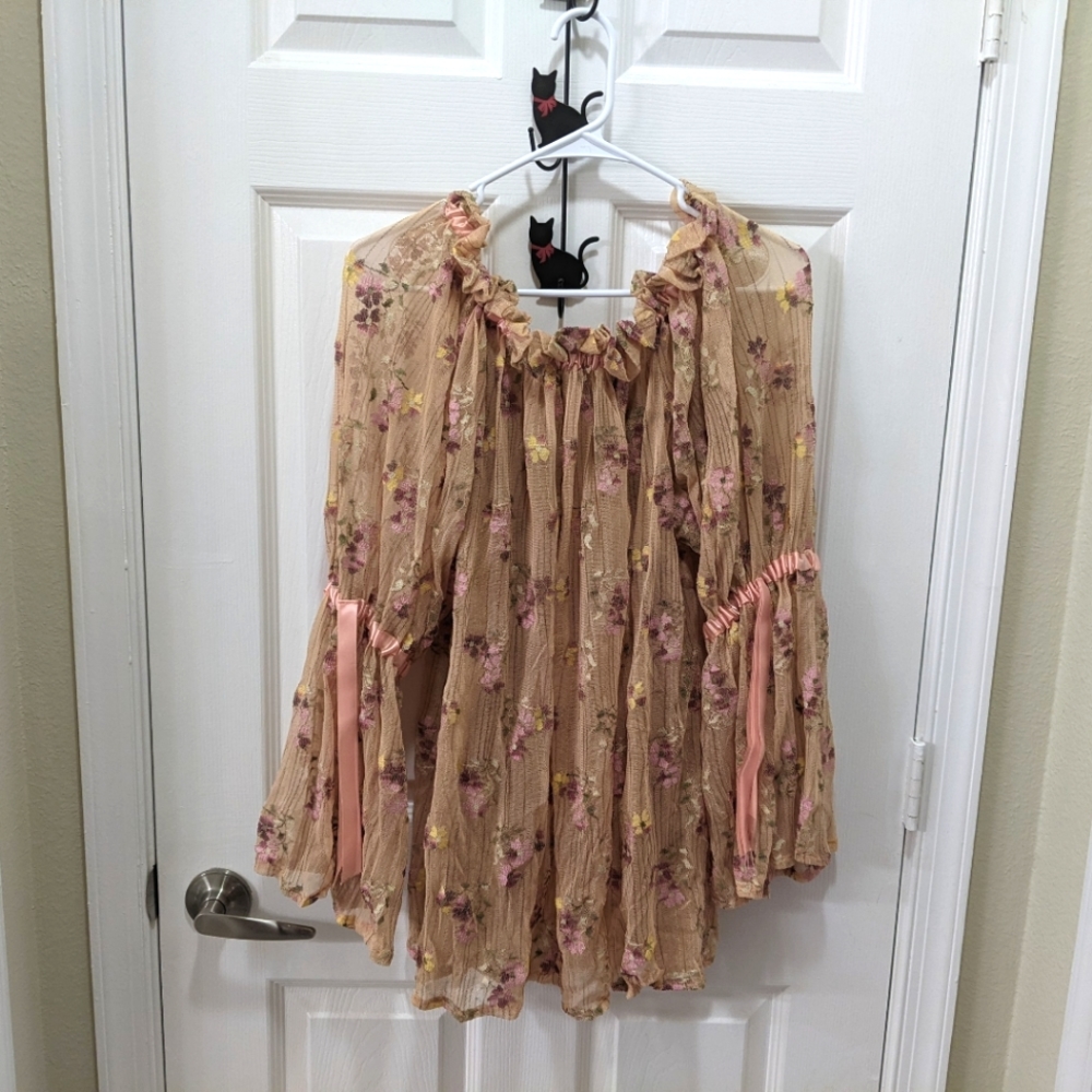 Tan Floral Peasant Top with Trumpet Sleeves